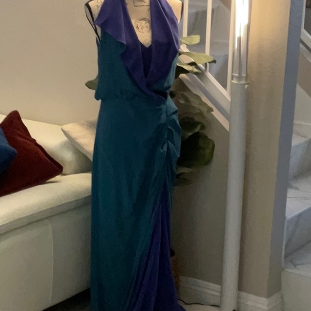Halston Heritage Blue and Purple Halter Maxi Gown Size 8
